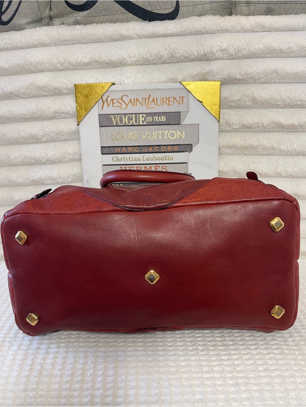 Large MCM Burgundy Leather Satchel with Gold Hardware - Picture 8 of 12